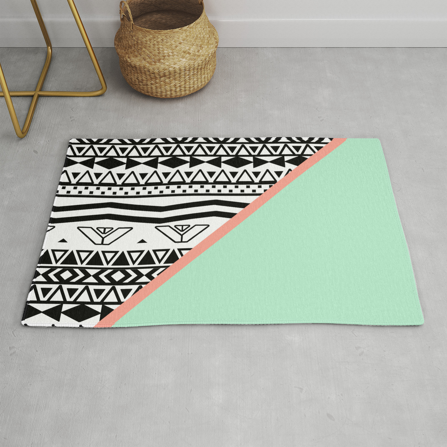 Block Black White Aztec Pattern Mint Green Color Block Rug By
