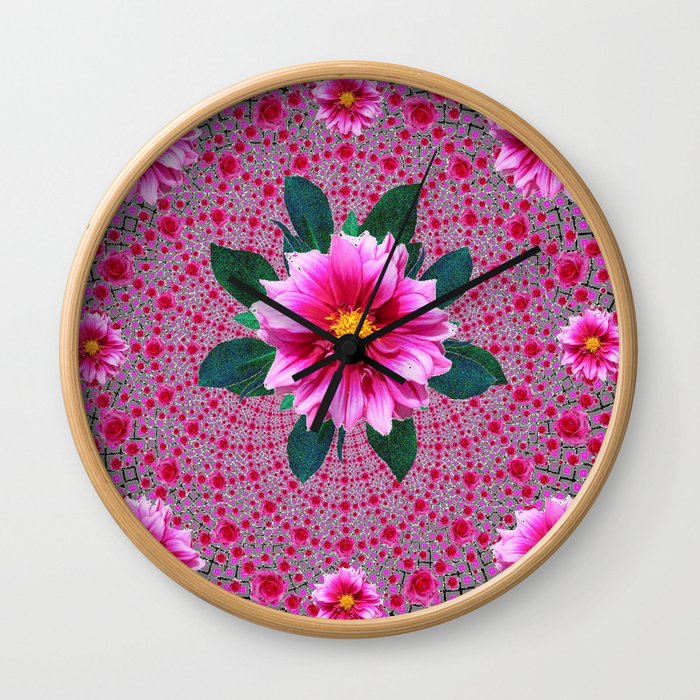 Purple Optical Art Floral Abstracted  Dahlias Pattern Wall Clock