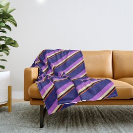 [ Thumbnail: Vibrant Midnight Blue, Orchid, Beige, Black, and Red Colored Striped/Lined Pattern Throw Blanket ]