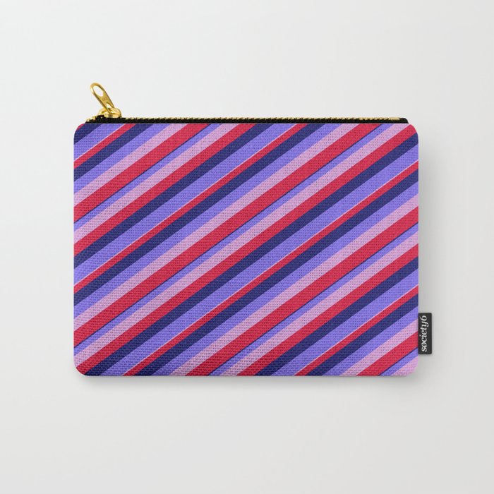 Midnight Blue, Medium Slate Blue, Plum & Crimson Colored Stripes/Lines Pattern Carry-All Pouch
