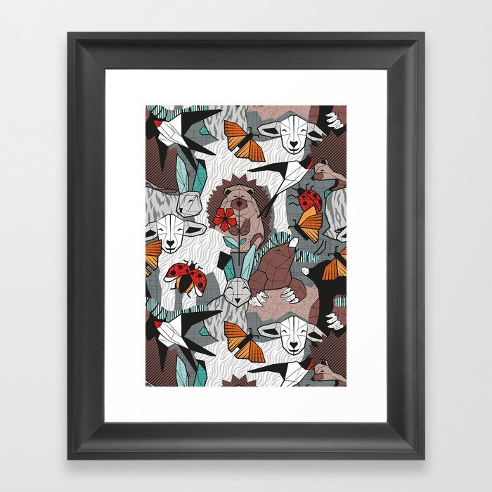 Geo spring animal party // green grey linen texture background brown aqua mint orange and neon red details Framed Art Print