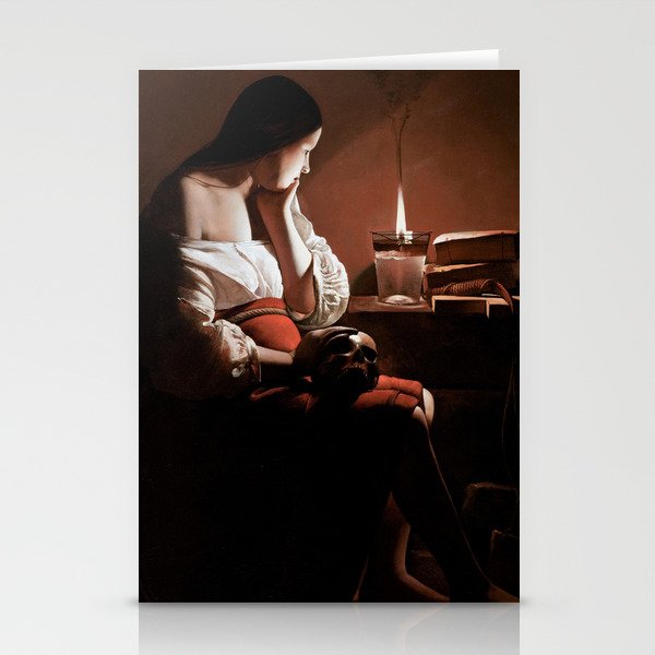 Magdalen with the Smoking Flame female staring at flame with skull of lover in hand portrait painting Stationery Cards