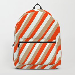 [ Thumbnail: Red, Mint Cream, and Tan Colored Lines Pattern Backpack ]