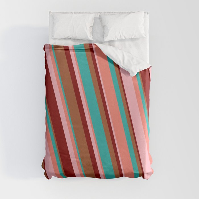 Eye-catching Sienna, Light Sea Green, Salmon, Light Pink, and Maroon Colored Striped Pattern Duvet Cover