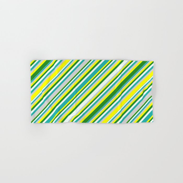 Eyecatching Yellow, Forest Green, Mint Cream, Light Sea Green, and Light Grey Colored Lined Pattern Hand & Bath Towel