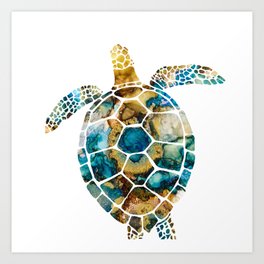Turtle with abstract fluid art design blue gold Art Print