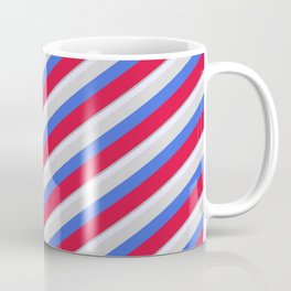 [ Thumbnail: Colorful Dark Gray, Lavender, Light Grey, Royal Blue, and Crimson Colored Stripes/Lines Pattern Coffee Mug ]