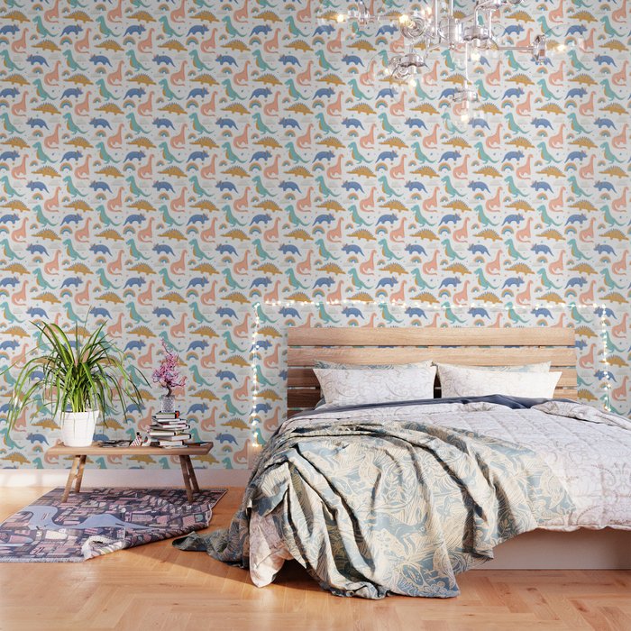 Dinosaurs Rainbows In Blush Pink Gold Blue Wallpaper By Latheandquill