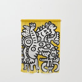 Black and White Cool Monsters Graffiti on Yellow Background Wall Hanging