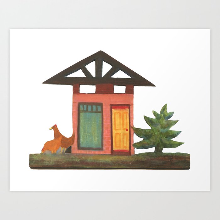 pink house with chickens Art Print
