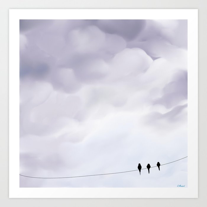 Bird Cloudy Sky Sweet Illustration Oiseau Sur Un Fil Ciel Nuageux Art Print By Imaregina