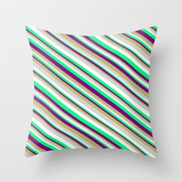 [ Thumbnail: Eye-catching Purple, Dark Khaki, Light Gray, White & Green Colored Lined Pattern Throw Pillow ]
