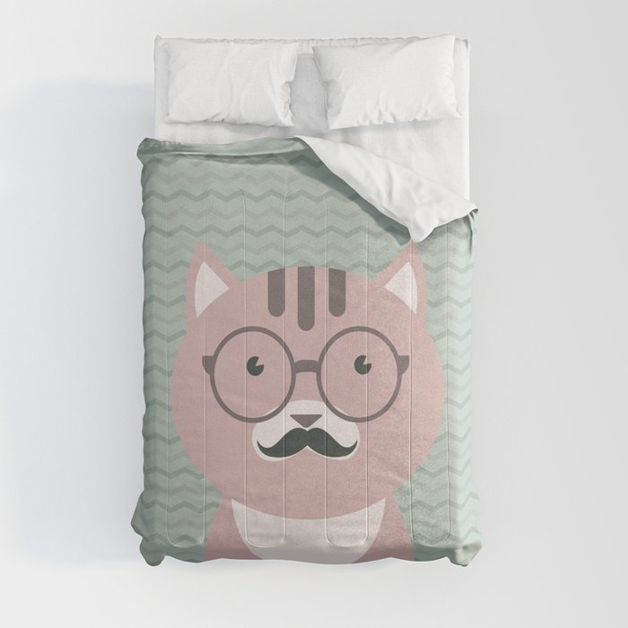 Clever Cat Hipster Mustache Character Comforter