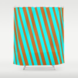 [ Thumbnail: Aqua and Chocolate Colored Lines Pattern Shower Curtain ]