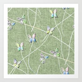 Embroidery Texture Watercolor Butterflies on Lime Green Linen Art Print