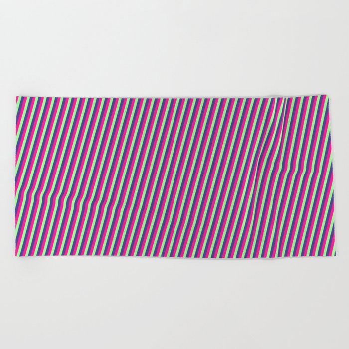 Deep Pink, Green, and Dark Slate Blue Colored Lines/Stripes Pattern Beach Towel