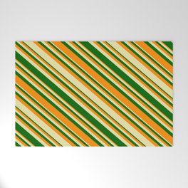 [ Thumbnail: Pale Goldenrod, Dark Green, and Dark Orange Colored Lined/Striped Pattern Welcome Mat ]