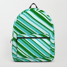 [ Thumbnail: Green, Turquoise & Light Cyan Colored Lined/Striped Pattern Backpack ]