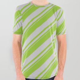 [ Thumbnail: Green & Light Grey Colored Lined Pattern All Over Graphic Tee ]