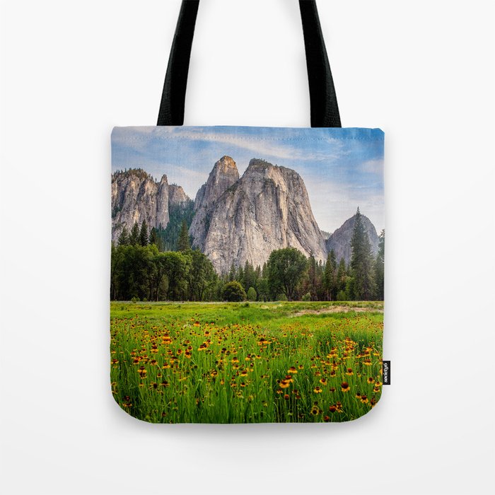 In the Valley of Yosemite - Wildflowers at Cathedral Rocks in Yosemite National Park California Tote Bag