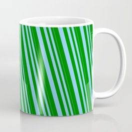 [ Thumbnail: Light Sky Blue & Green Colored Pattern of Stripes Coffee Mug ]