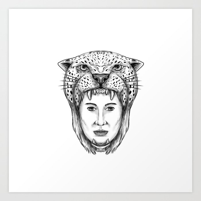 Amazon Warrior Jaguar Headdress Tattoo Art Print
