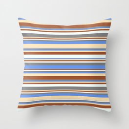 [ Thumbnail: Colorful Sienna, Mint Cream, Gray, Cornflower Blue & Beige Colored Striped Pattern Throw Pillow ]