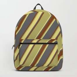 [ Thumbnail: Dim Grey, Brown, Dark Khaki, and Tan Colored Lined/Striped Pattern Backpack ]
