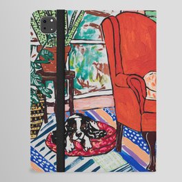 Red Armchair in Pink Interior with Houseplants, Ginger Cat, and Spaniel Interior Painting iPad Folio Case