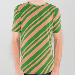 [ Thumbnail: Light Salmon & Forest Green Colored Lined Pattern All Over Graphic Tee ]