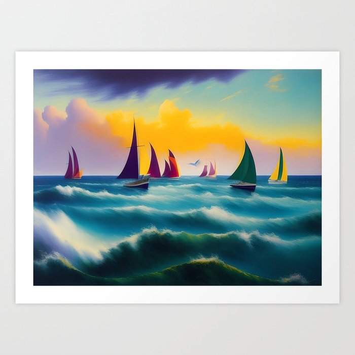 Racing the storm, Miami coastal sailing yacht regatta nautical maritime seascape painting Art Print