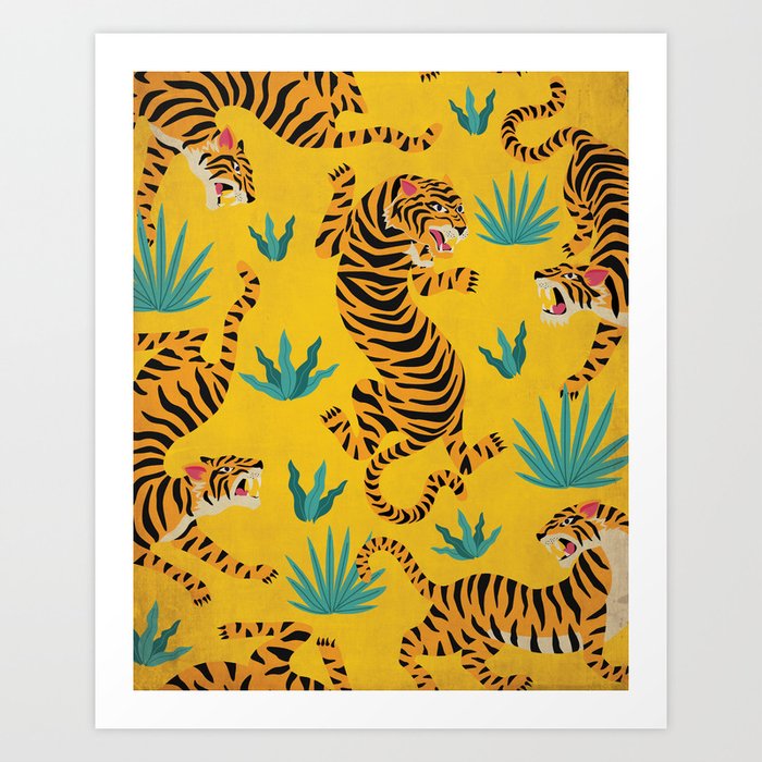 Wild Tigers on Sunshine Yellow - Kitschy Jungle Nature Pattern Art Print