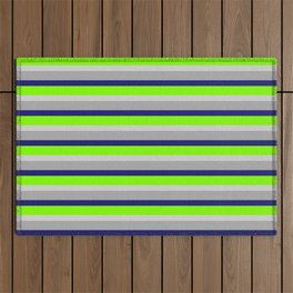 [ Thumbnail: Dark Grey, Midnight Blue, Chartreuse, and Light Grey Colored Lined/Striped Pattern Outdoor Rug ]