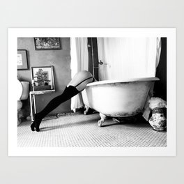 Head Over Heals - Female in Stockings in Vintage Parisian Bathtub black and white photography - photographs wall decor Art Print