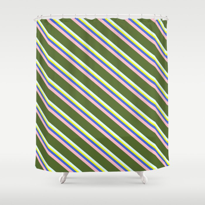 Colorful Yellow, Royal Blue, Pink, Dark Olive Green, and Light Cyan Colored Lined/Striped Pattern Shower Curtain