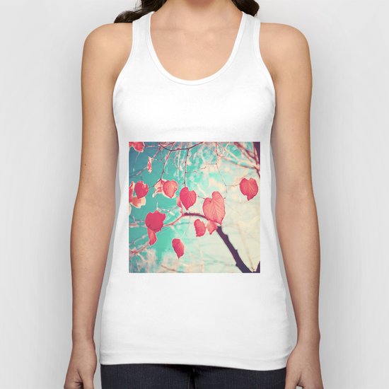 Our hearts are autumn leaves waiting to fall (Pink - Red fall leafs and brilliant retro blue sky) Unisex Tank Top