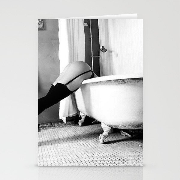 Head Over Heals - Female in Stockings in Vintage Parisian Bathtub black and white photography - photographs wall decor Stationery Cards