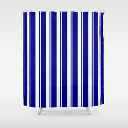 [ Thumbnail: Mint Cream and Dark Blue Colored Striped/Lined Pattern Shower Curtain ]