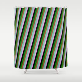 [ Thumbnail: Eye-catching Green, Sienna, Aquamarine, Plum & Black Colored Lines/Stripes Pattern Shower Curtain ]