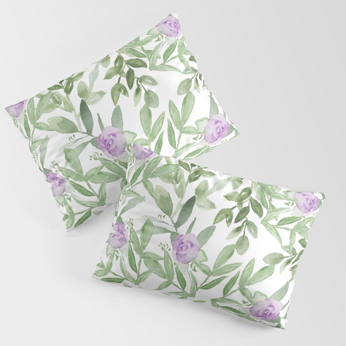 Watercolor lilac lavender forest green foliage flowers Pillow Sham