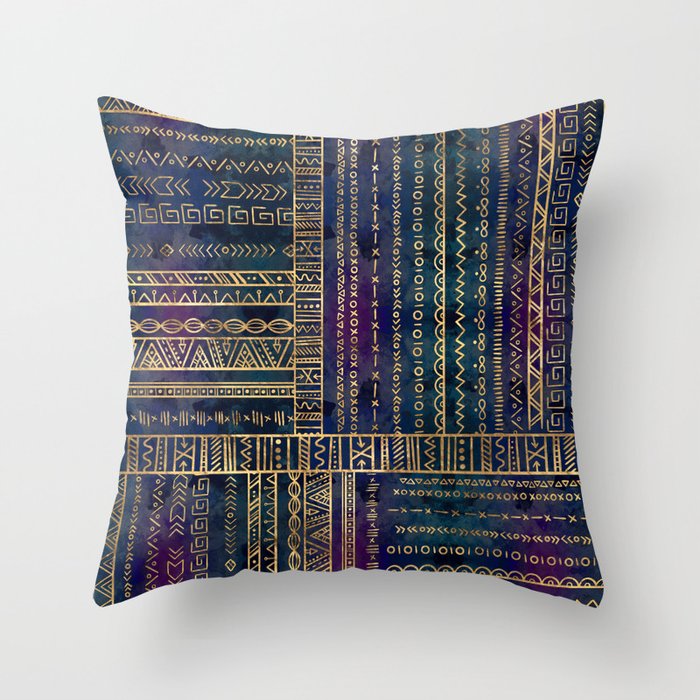 Tribal Ethnic pattern gold on painted texture Throw Pillow