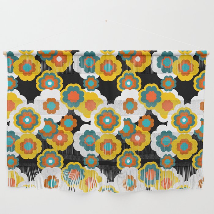 1970s Flowers on Black Background - Bold Retro Pattern Wall Hanging