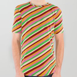 [ Thumbnail: Vibrant Hot Pink, Lime Green, Bisque, Dark Red & Orange Colored Lined Pattern All Over Graphic Tee ]