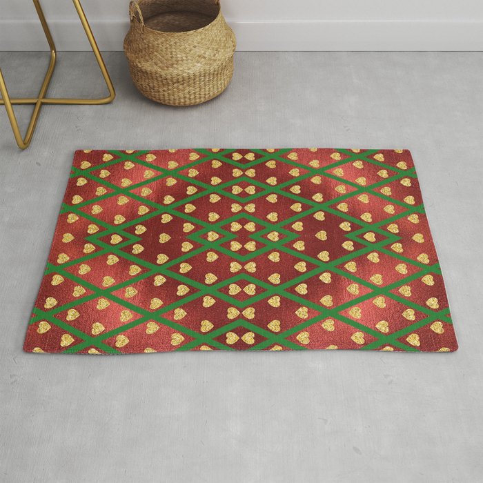 Gold Hearts on a Red Shiny Background with Green Crisscross  Diamond Lines Rug