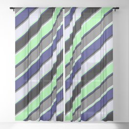 [ Thumbnail: Colorful Dim Gray, Lavender, Green, Midnight Blue & Black Colored Striped/Lined Pattern Sheer Curtain ]