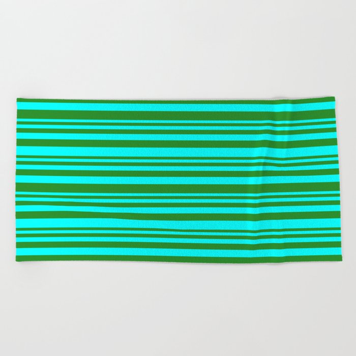 Forest Green & Cyan Colored Striped Pattern Beach Towel