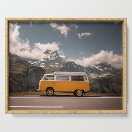Yellow Minibus on Road Serving Tray