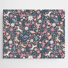 Floral Burst of Dinosaurs and Unicorns in Mauve + Peach Jigsaw Puzzle