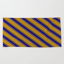 [ Thumbnail: Dark Goldenrod and Dark Blue Colored Stripes/Lines Pattern Beach Towel ]