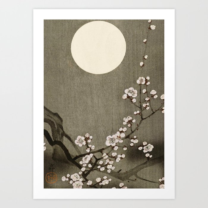 Blossoming plum tree at full moon  - Vintage Japanese Woodblock Print Art Art Print